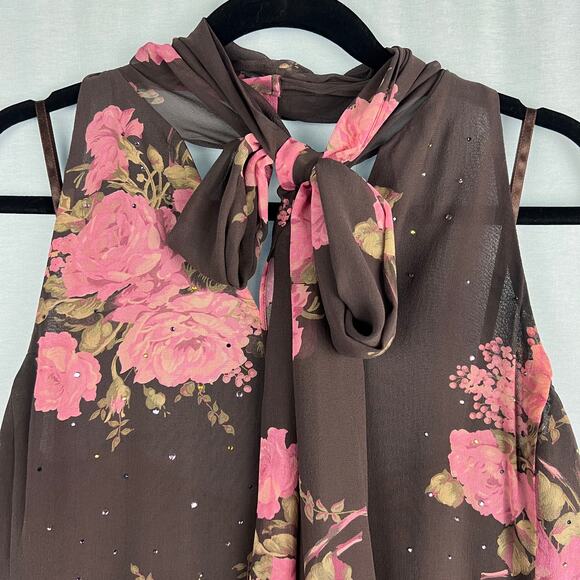 Vintage Express Top Y2K Halter Tank Tie Bow Silk Floral Rose Fairy Coquette - Picture 2 of 6